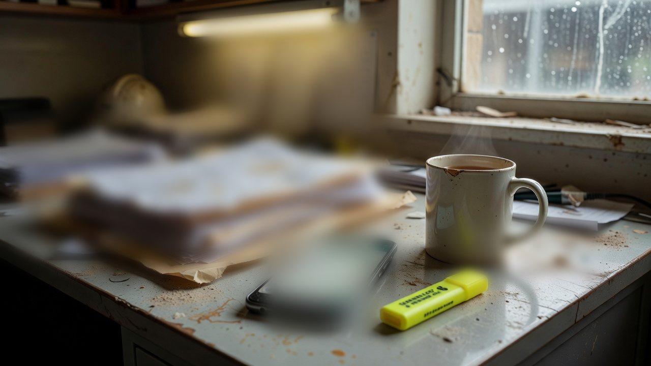 A messy site-office desk with a paper pile, a mug of tea, and a phone.