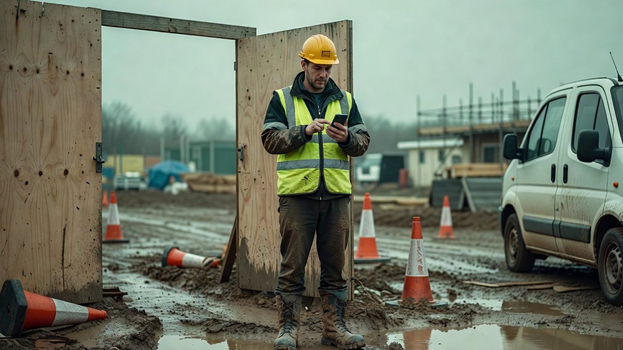 A worker in a hi-vis vest checks a phone at a plywood site gate.